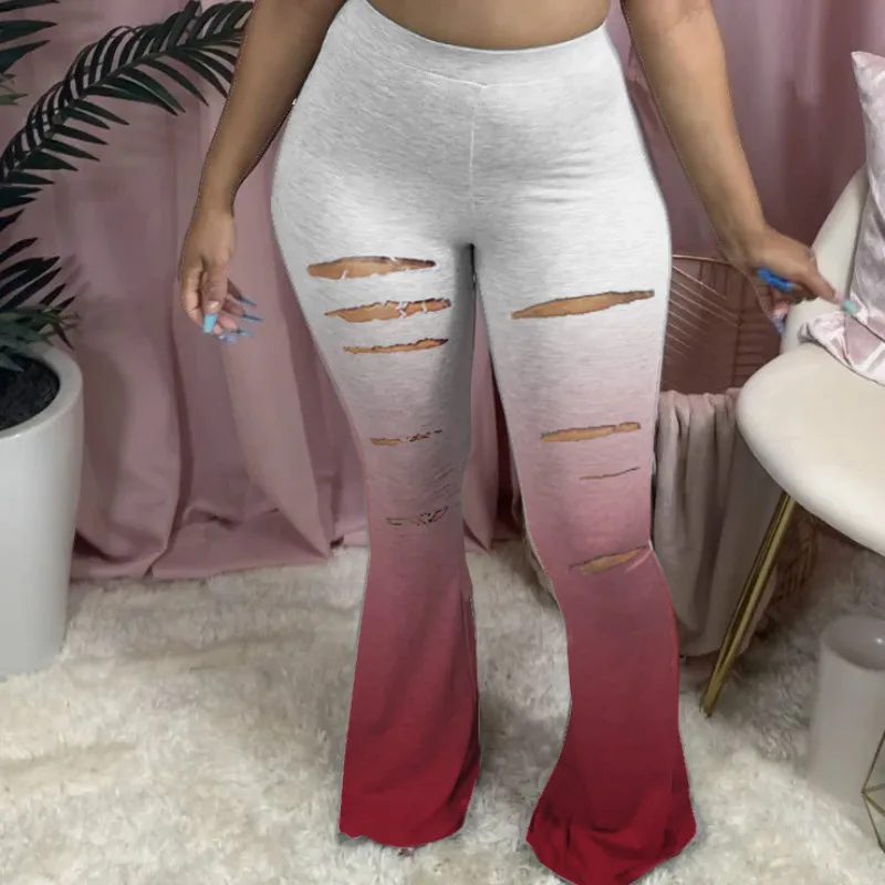 

HAOOHU Streetwear Gradient Hole Women Elastic Wide Leg Flare Skinny Pants Leggings High Waist Trousers Draped Jogger Sweatpants