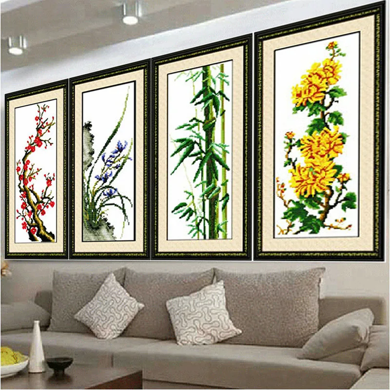 

Chinese Four Gentlemen Flowers DIY Cotton Thread Cross Stitch Sets for Embroidery Painting Counted Cross-Stitching Needlework