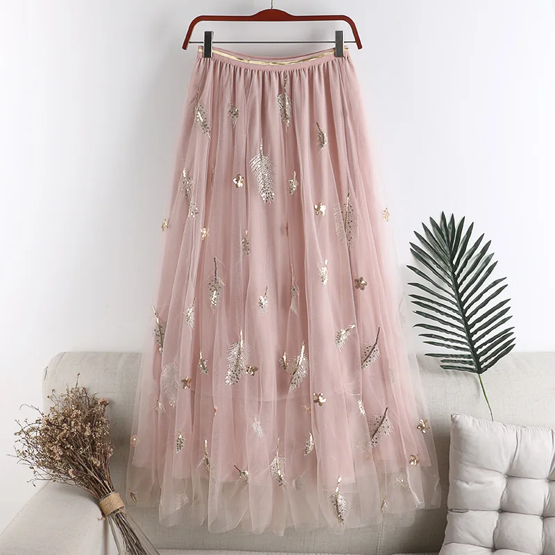 

Sweet Embroidered Pleated Double mesh Skirt Women spring Summer A Line Long Skirts High Waist Sequined Mesh Big swing Skirts