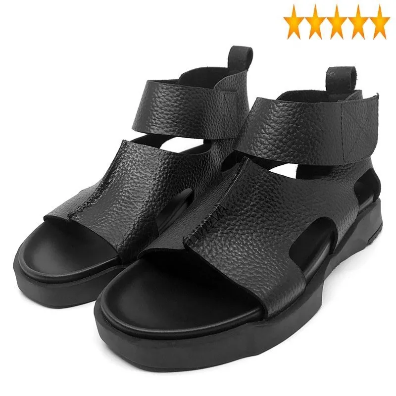 

Thick 2021 Fashion Platform Mens Sandals Cow Real Leather Gothic High Top Summer Sandal Beach Leisure Hook Loop Gladiator Shoes