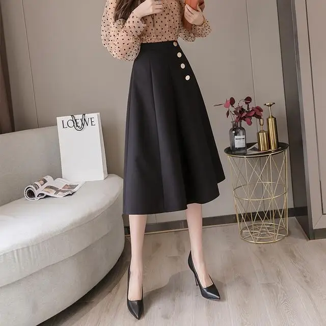 

Women 2021 Summer Big Swing Skirt Buttons Elegant Female Casual Solid High Street Skirts Office Lady Saias Mujer Faldas Y100