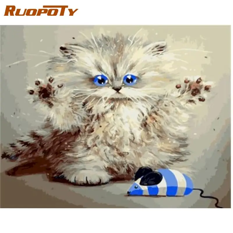 

RUOPOTY Diy Frameless Cat and mouse Painting By Numbers Animals Handpainted on Canvas DIY Gift Home Decor Living room