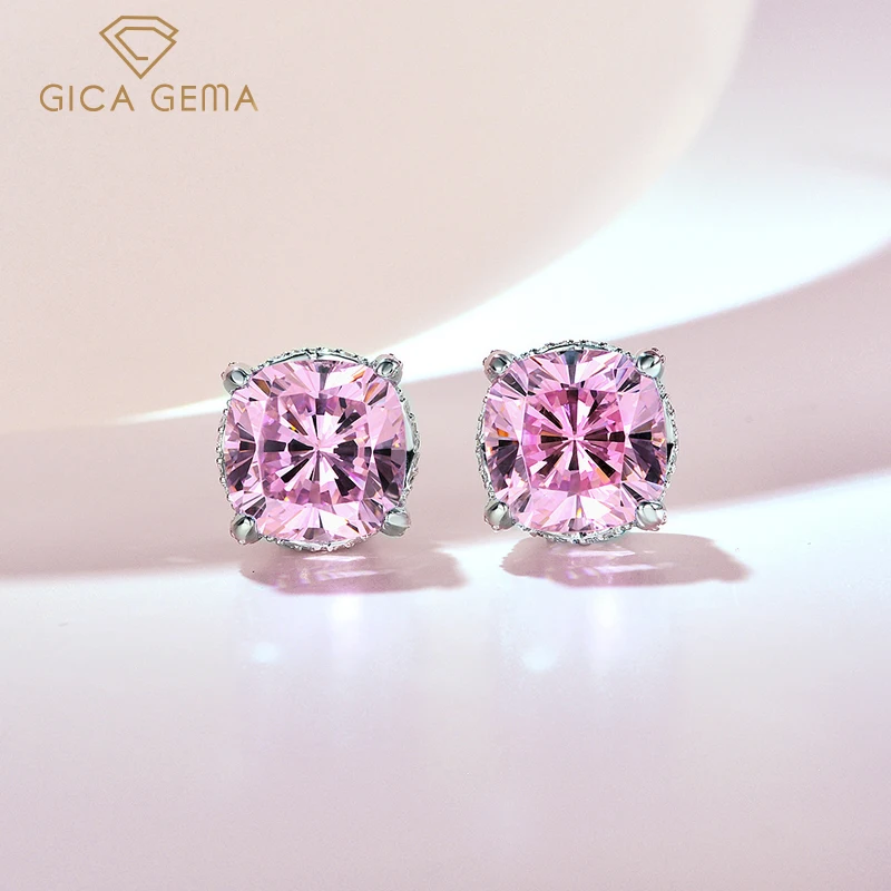 

GICA GEMA 925 Sterling Silver 10*10mm Pink High Carbon Diamond Stud Earrings For Women Sparkling Wedding Party Fine Jewelry Gift