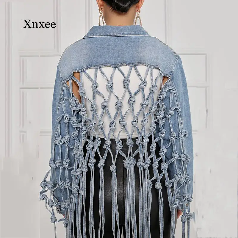

Hollow Out Denim Coat Women Back Mesh Tassel Personality New Jackets Long Sleeve Fashion Tops Temperament Autumn Tassel Outwear