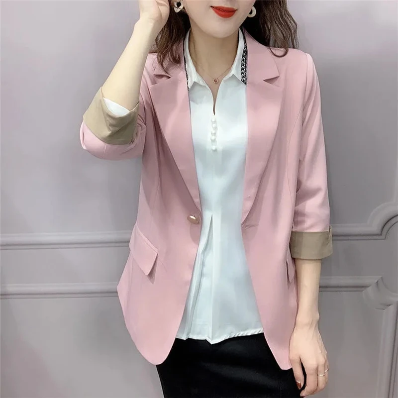 

Pink Spliced Three Quarter Sleeves One Piece Blazers New Solid Big Size 4XL Fit Suit Coat Women's Casual Korean Basic Outwear