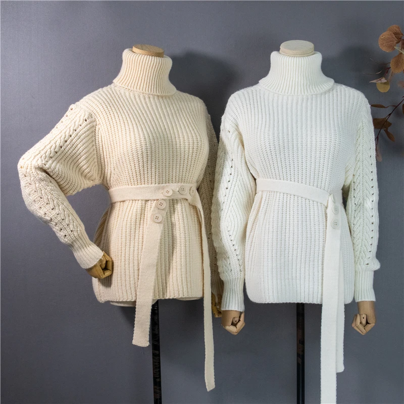 

Autumn Winter Turtleneck Sweater Women Korean Fashion Elegant Ladies Tops High Neck Belted Knitted Pullover Vintage Jumpers pull