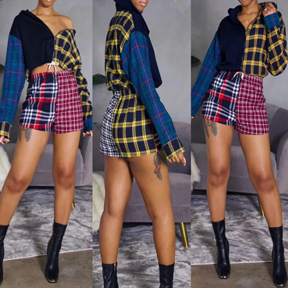 

2021 Women Spring/Summer New Fashion Casual Shirt Plaid Two-piece Set for Female Outfits Suits