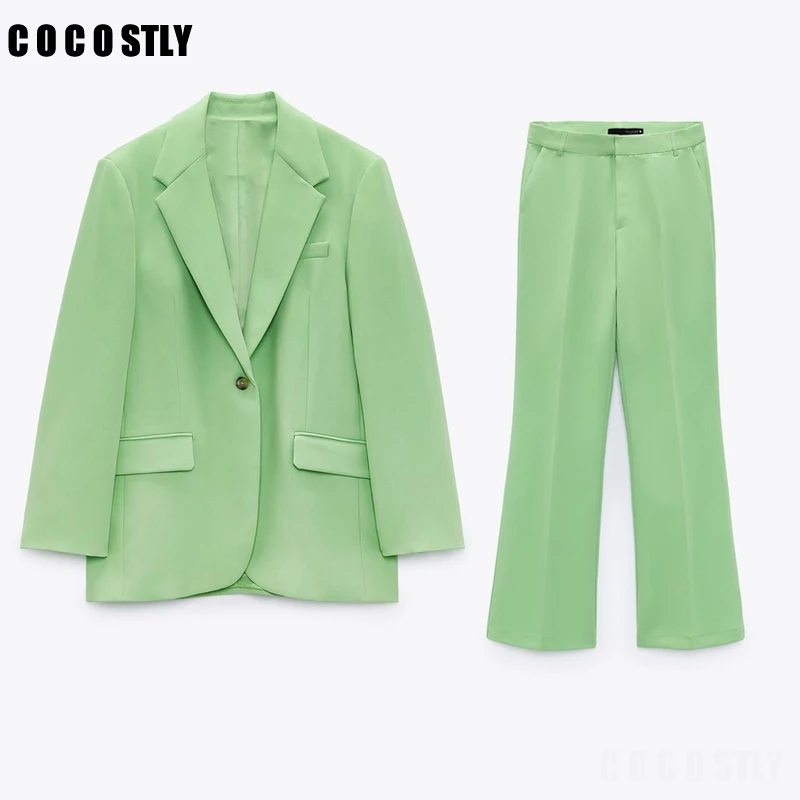 

New Za Blazer 2 piece set Women Green Suit Women Pants Sets Clothes Office Jacket Long Sleeve Elegant Female Blazer Trouser Suit