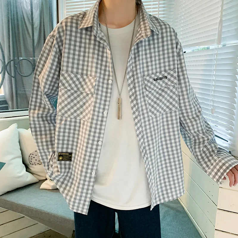 

2020 new casual fashion Lapel long-sleeved shirt with fine check pockets youth loose shirt high quality printed shirts for men