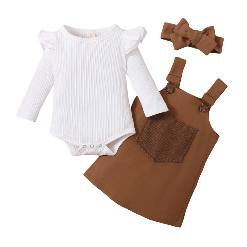 

Baby Girl Tops Suspender Skirts Headband Suits Long Sleeve Round Neck Ruffle Crotch Button Front Pocket Dress
