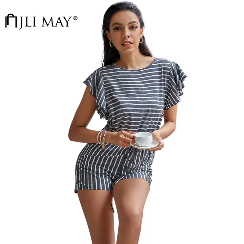 

JLI MAY Women Playsuits Striped Oneck Ruffles Sleeve Back Hpllow out Lace up High Waist Slim Summer Loose Casual Playsuit