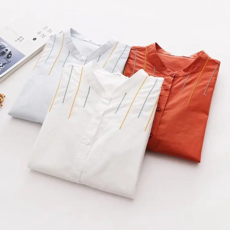 

Женская хлопковая рубашка с длинным рукавом, белая однотонная рубашка с вышивкой и воротником-стойкой, весна-осень