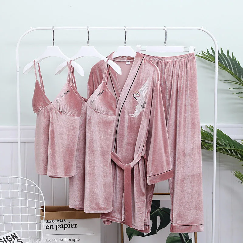 Женские пижамы зимние золотые бархатные комплект из 4 предметов сексуальное