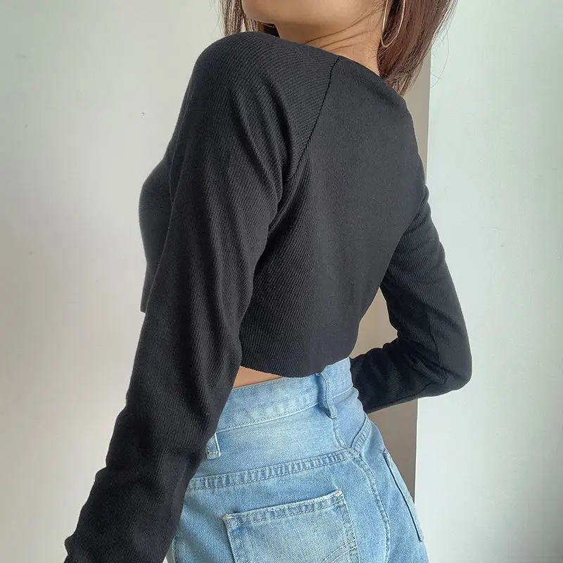 

Ins Black Streetwear Long Sleeve Summer Tops for Women 2021 Hollow Out Crop Top Female Fashion Brand Sexy Style T Shirts New