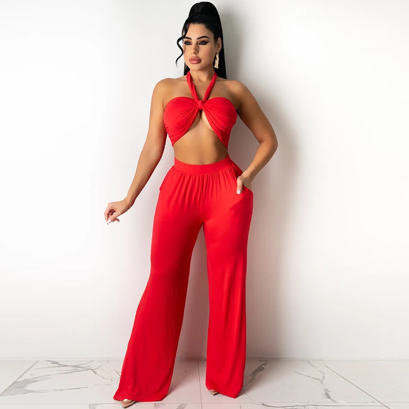 

Summer Clothes Two Peice Set Bandage Off Shoulder Crop Top Wide Leg Pants for Women Sexy Vacation Outfits Matching Set