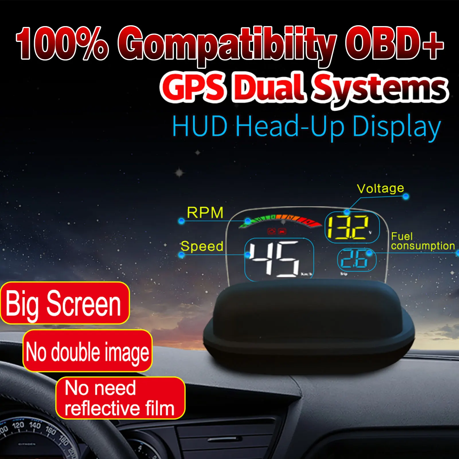 

Car Head Up Display OBD Digital Meter Alarm Speed Water-Temp Digital Universal Safe HD Monitor For Vehicle