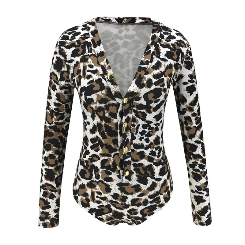 

Women Leopard Low-cut Slim Bodysuits 2021 New Autumn Winter Button Deep V Neck Long Sleeve Bodysuits Sexy Lady Bodycon Jumpsuits