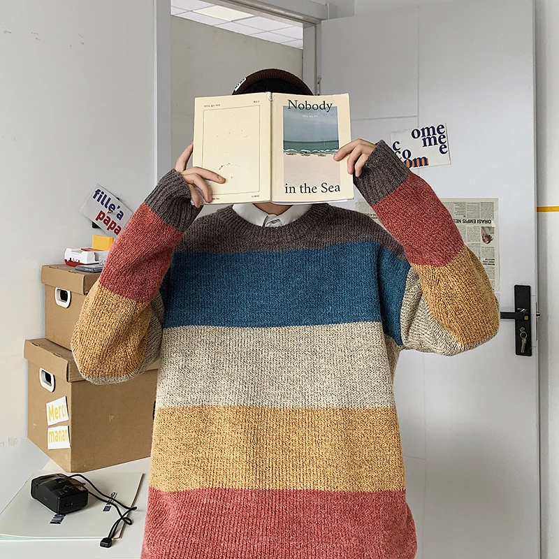 

Men Pullovers Paneled Striped Sweaters High Street Retro Knitted Tops Casual Loose Males Harajuku Colored Couple Autumn Jumpers