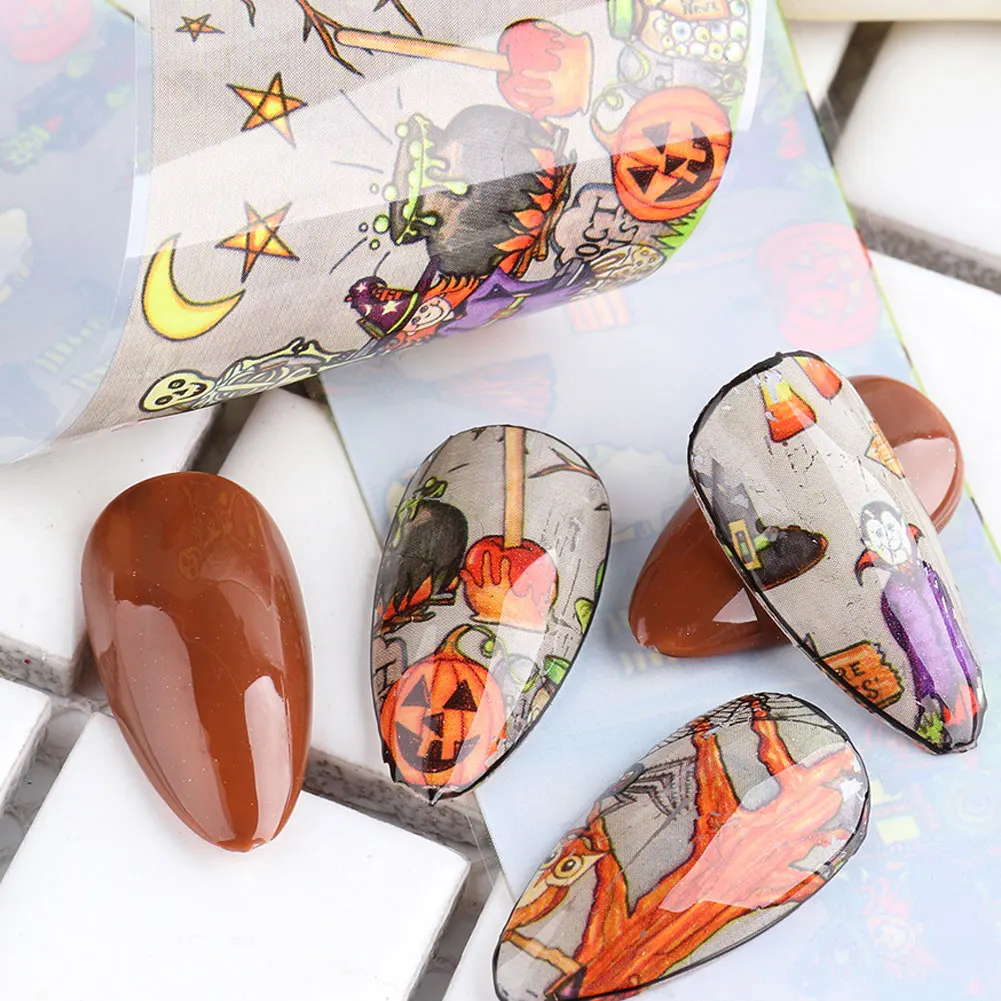

10 Sheets Halloween Nail Foil Transfers Stickers Nail Decals Pumpkin Spider Skull Ghost Witch Festival Party Supplies Manicure