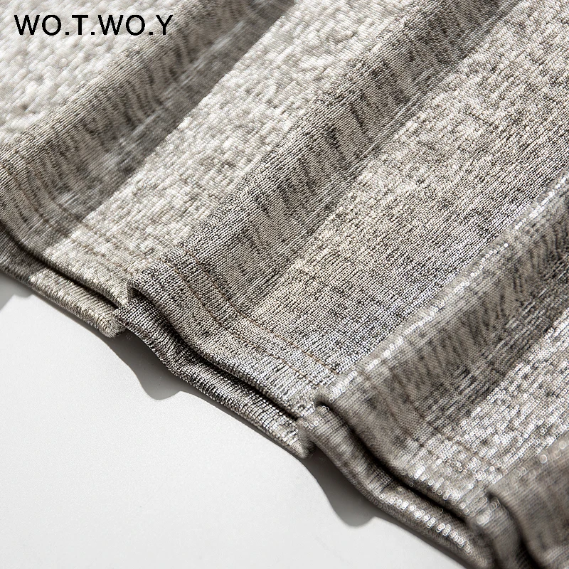 WOTWOY, серебряные, блестящие, с люрексом, вязаные футболки, женские,, летние, сексуальные, тонкие, с круглым вырезом, с коротким рукавом, футболки, женские, одноцветные, футболки Harajuku