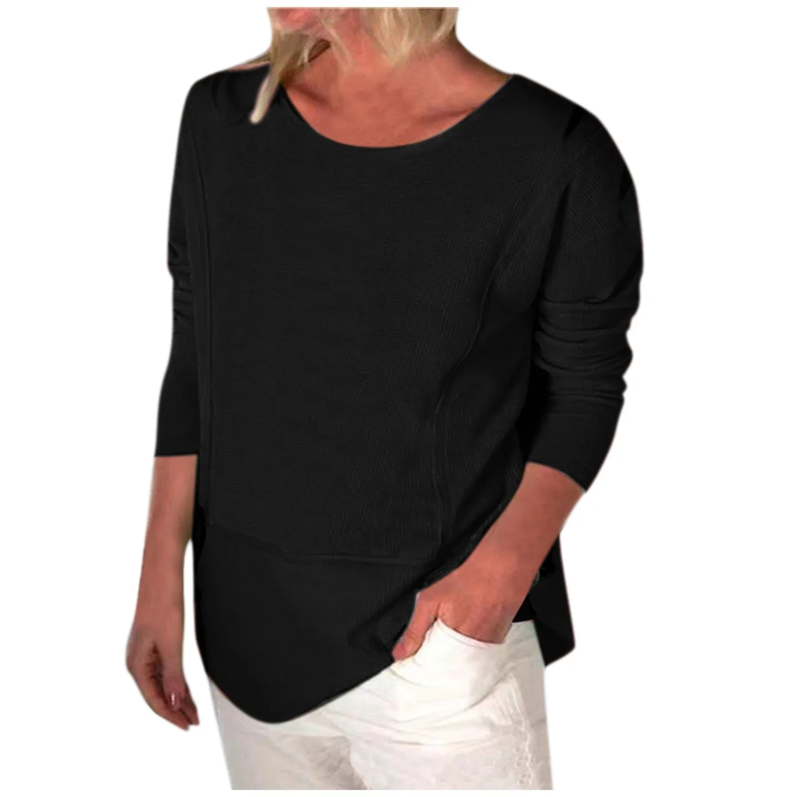 

Блузка женская однотонная с круглым вырезом и длинным рукавом