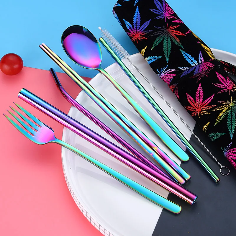 2019new Stainless Steel Cutlery Portable Cutlery Set Chopsticks Spoon Fork Reusable Straw and Portable Dinnerware Bag for Travel