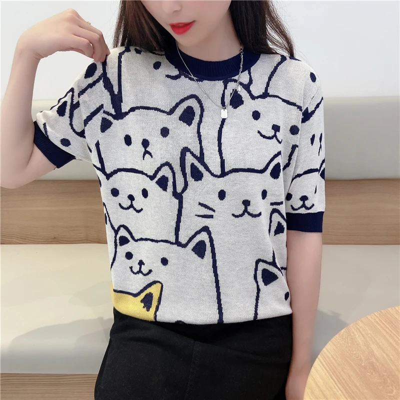 

Room 210822 at 7 row 1 】 make round collar kitten color matching short sleeve T-shirt [1637]