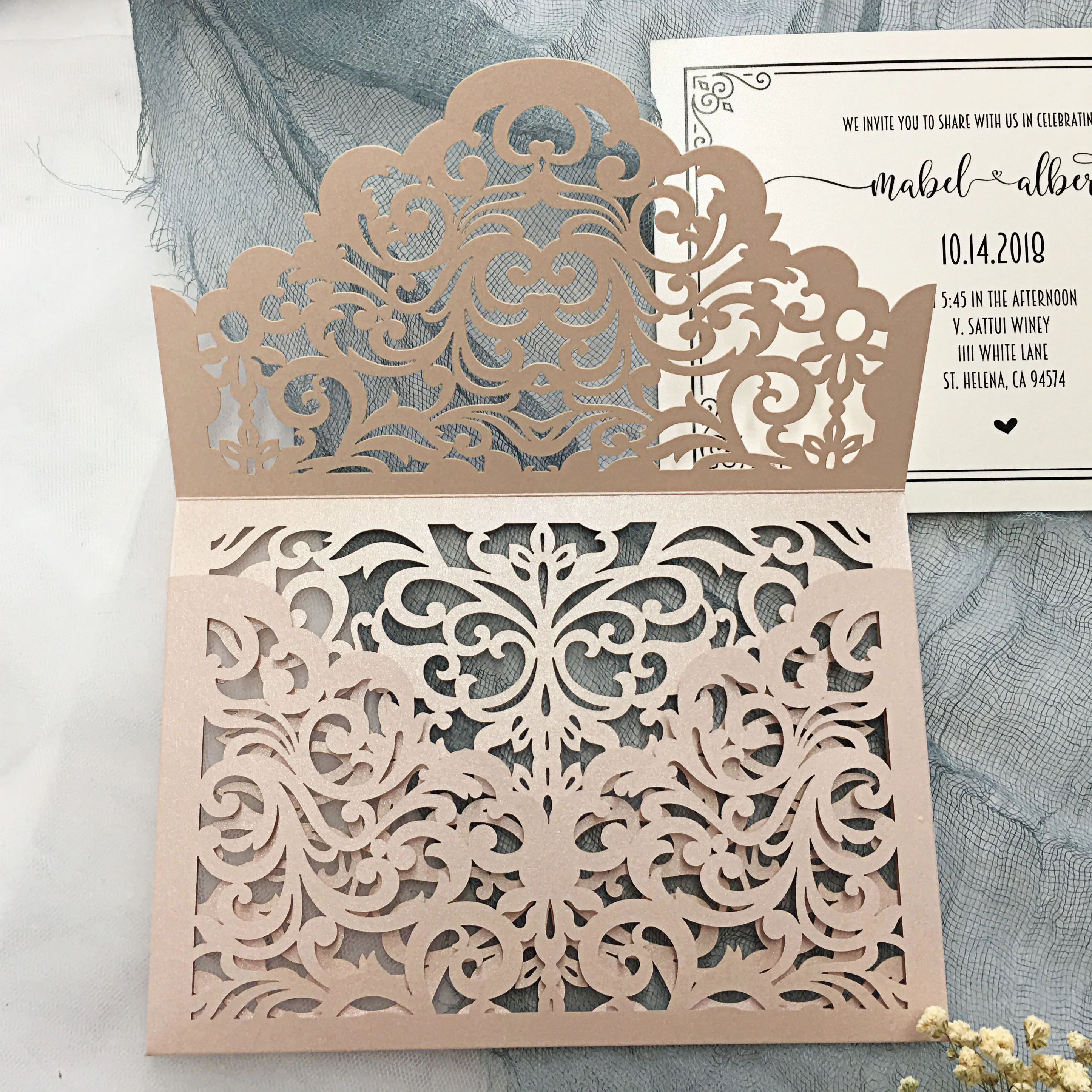

Laser Cut Wedding Invitations Customized Invitation Cards With Ivory Shimmer Insert - set of 50