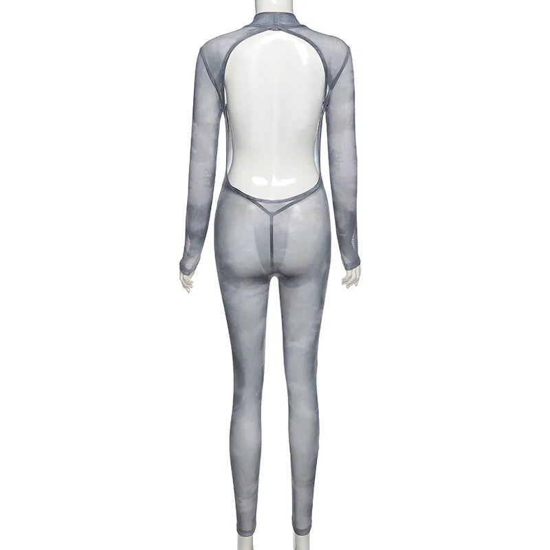 

Sexy Sheer Mesh Long Sleeve Backless See Through Bodycon Bodysuit Romper Women Jumpsuit