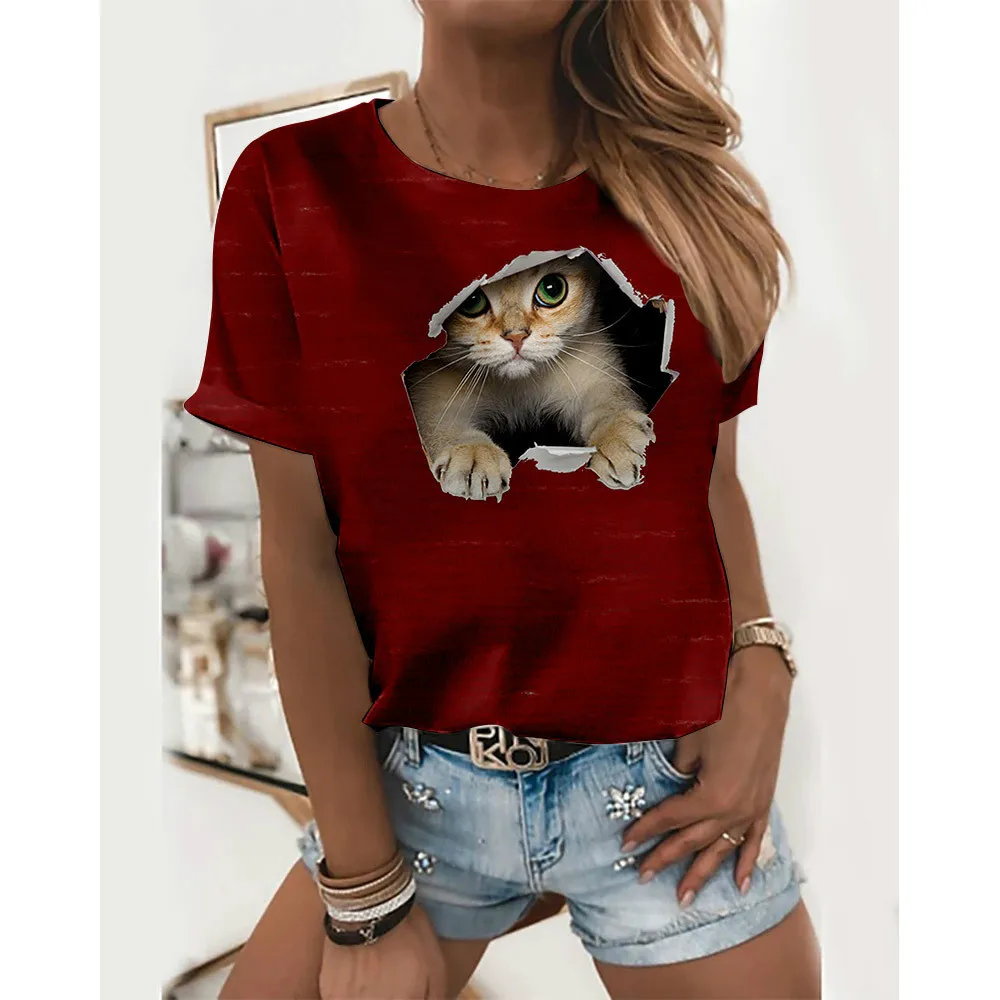 

2021 summer women's cute cat 3D printed round neck T-shirt casual short-sleeved hedging polyester upper garment accessories