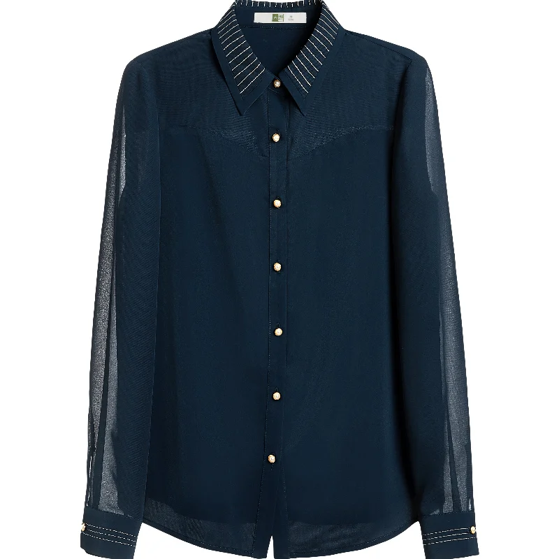 

Women's Shirt 2021 Spring and Autumn New Design Sense Perspective Loose Western Style Top Chiffon Long Sleeve Ol Blouse