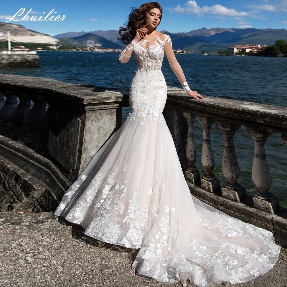 

Lhuilier Sexy Mermaid Illusion Tulle Wedding Dresses Scoop Neck Lace Appliques Floor Length Bridal Gowns with Full Sleeves