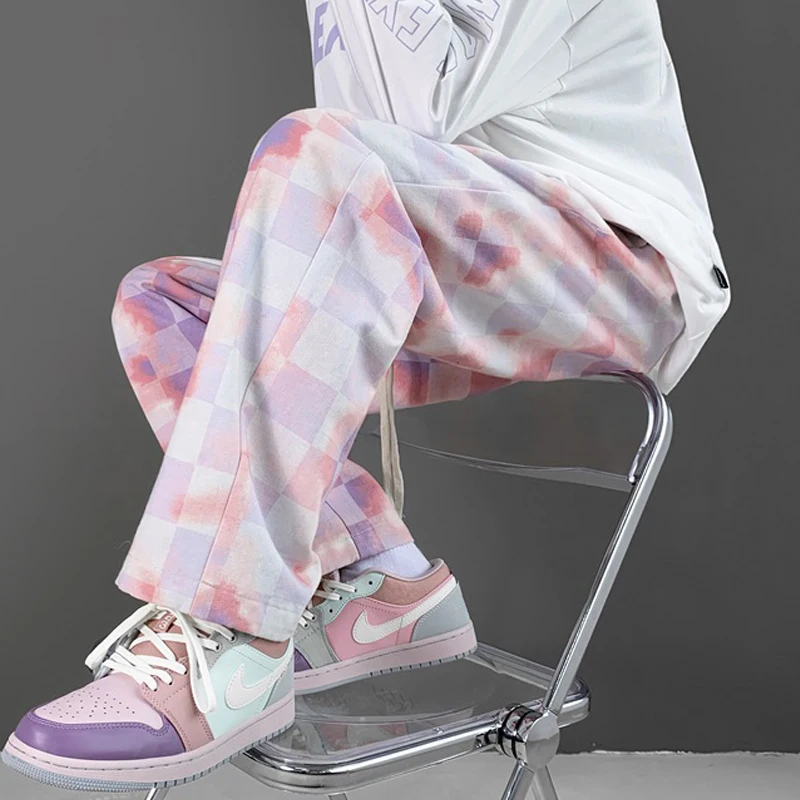 

Streetwear casual men's pants grid printing cotton sweatpants spring autumn trousers women's pants