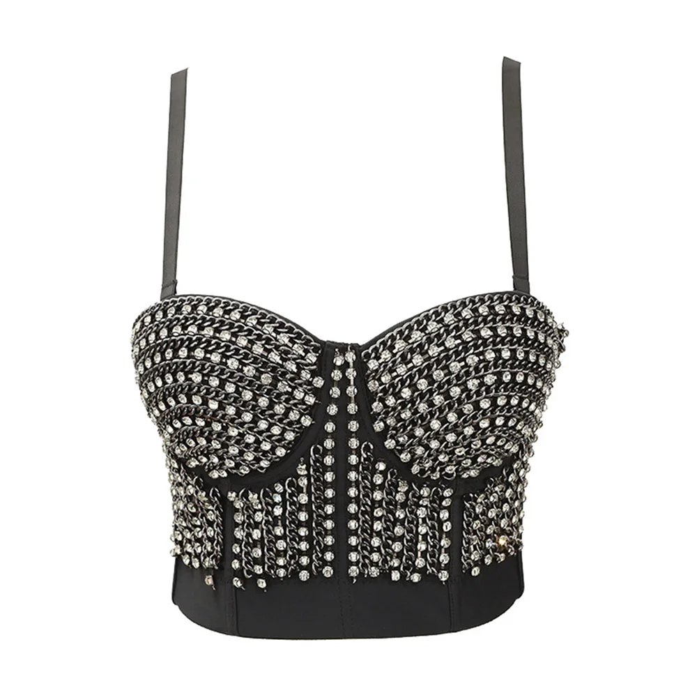 

Western Style Solid Color Chain Fish Bone Fashion Sexy Navel Tank Top Rhinestone Slim 2021 Summer New High Street Casual