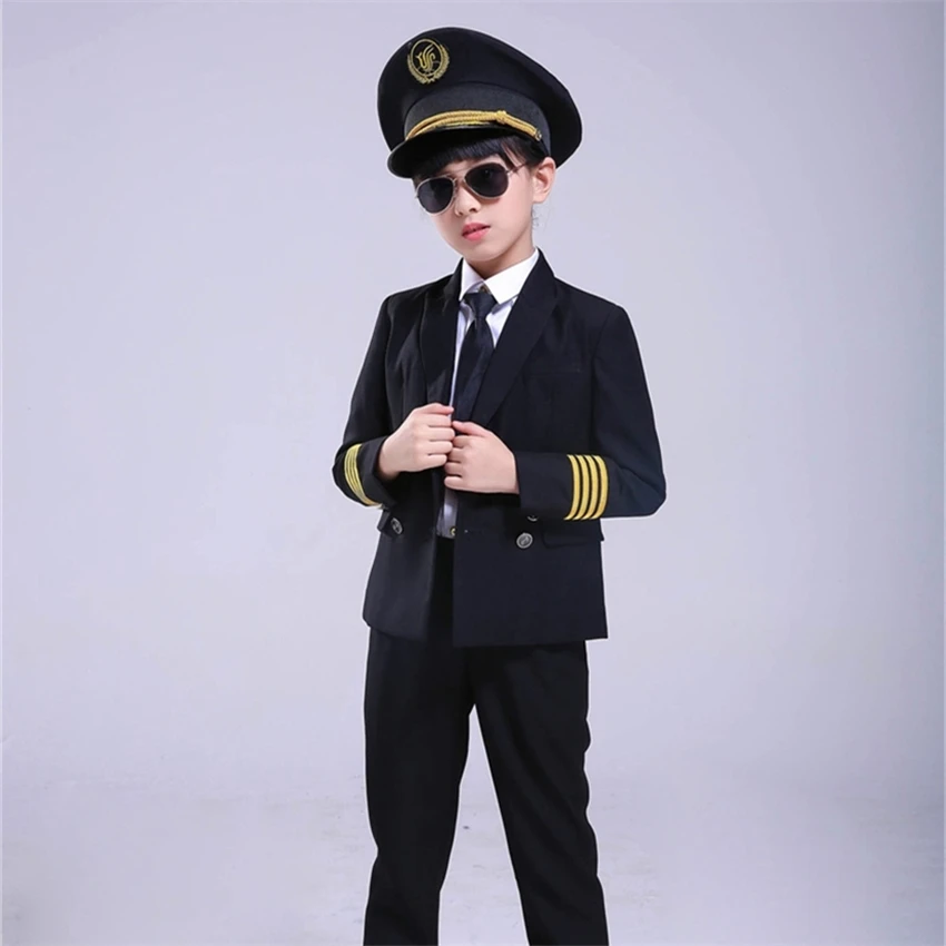 Kids Pilot Costumes Children Cosplay for Boys Girls Flight Attendant Costume Airplane Aircraft Air Force Performance Uniforms