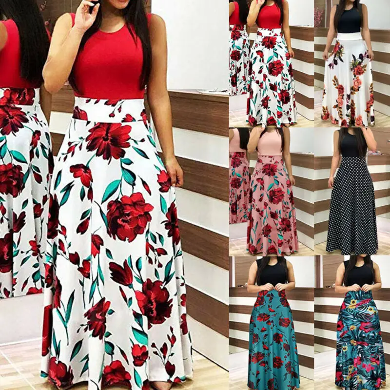 Модные женские Цветочные Длинные Макси платья без рукавов выпускного вечера