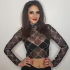 Женская Сетчатая футболка, привлекательный укороченный Топ с длинным рукавом, футболка с принтом цепей, женская уличная одежда, винтажный топ в сеточку, футболка, Новое поступление 2020