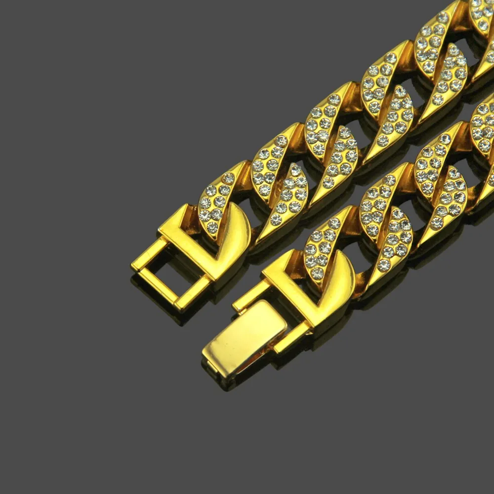 

1 New Fashion Hip Hop Rhinestones Paved Bling Iced Out Gold Cuban Miami Link Chain Bracelets for Men Rapper Jewelry Gift