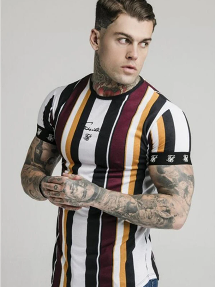 

2019 Men's Sik Silk Print T-Shirt Summer New Men's Fashion Stripes Casual Short Sleeve T-Shirt Polyester Quick Dry