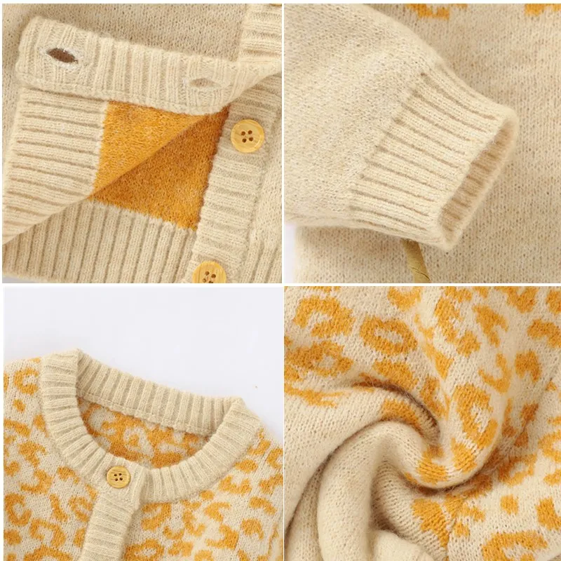 Осенний кардиган для маленьких девочек свитер с длинным рукавом и леопардовым