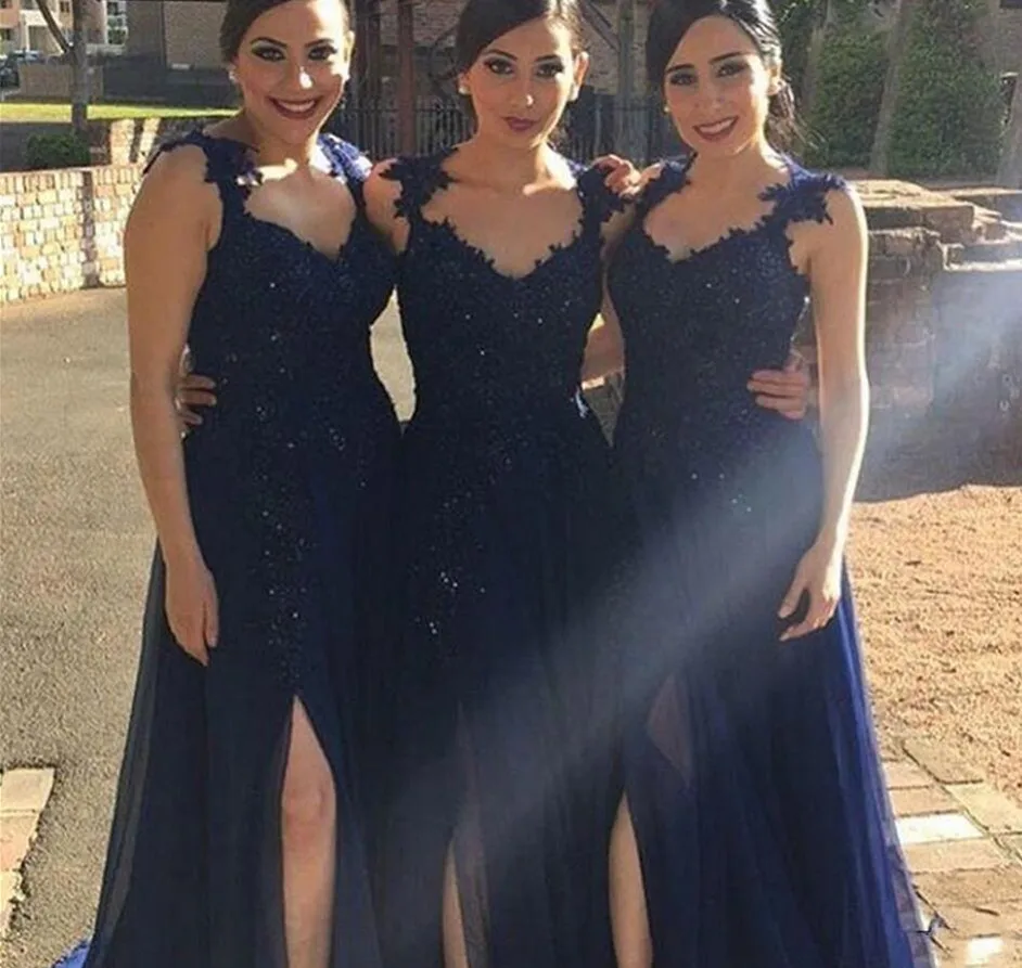 

Dark Blue Lace Bridesmaid Dresses New 2021 Sexy Split Side A Line Chiffon Women Formal Wedding Party Dress Maid Of Honor Gowns
