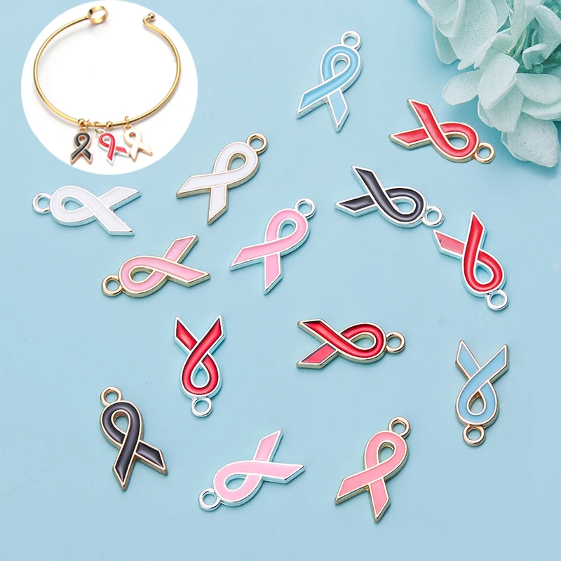 

SAUVOO 10pcs/lot 10x20.5mm Gold Color Ribbon Breast Cancer Awareness Charms For DIY Bracelet Necklace Jewelry Making Accessories