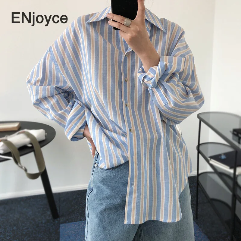 Винтажные полосатые рубашки женские повседневные блузки в Корейском стиле