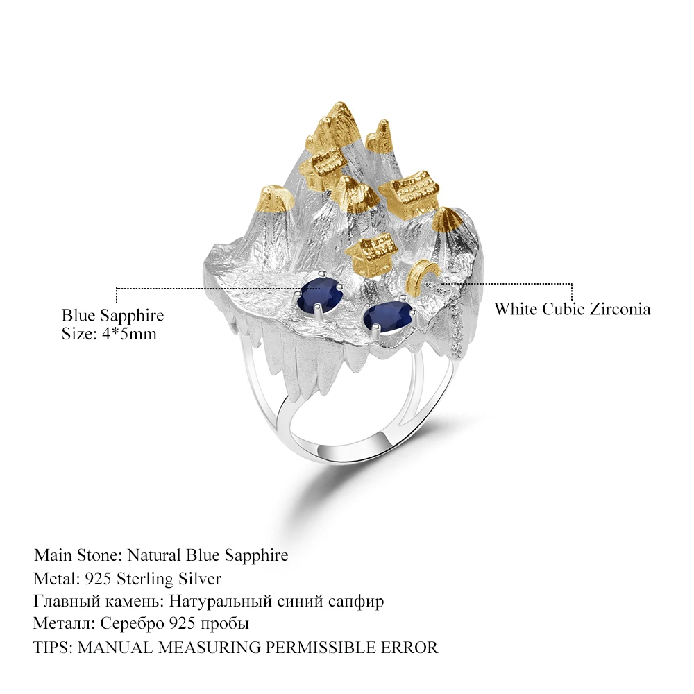 GEM'S BALLET 925 Sterling Silver Temple Mountain Natural Blue Sapphire Handmade Gemstone Rings For Women Halloween Horror Story