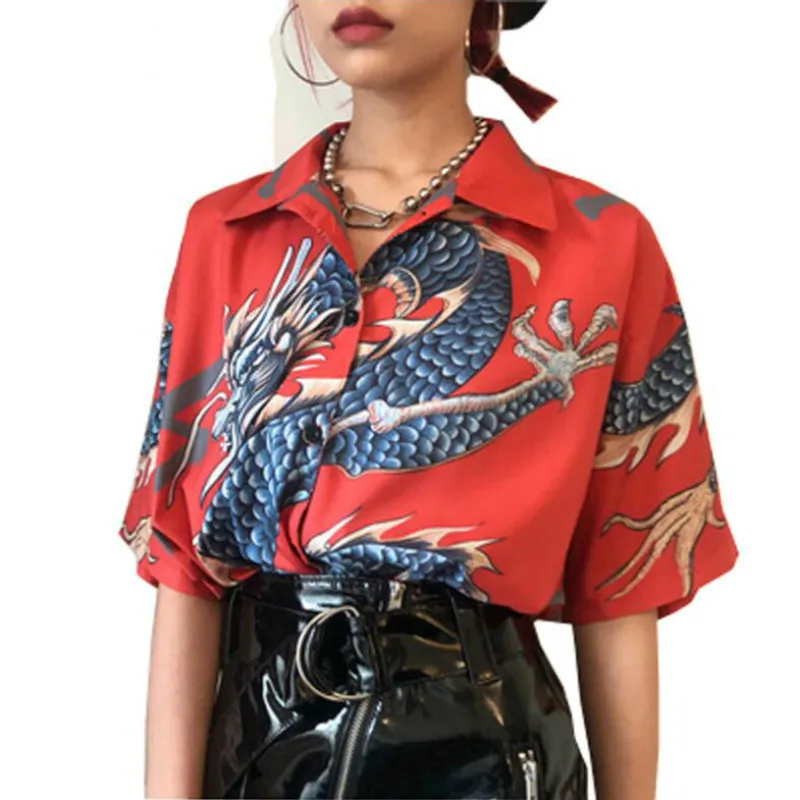 Харадзюку летающий дракон печатных блузки рубашки однобортный ретро унисекс
