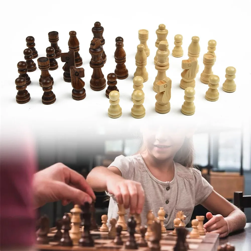 

32pcs Portable Wooden Carved Chess Pieces Hand Crafted Set 65mm King Size Toys Chess Game Creative Kids Present Children Gifts