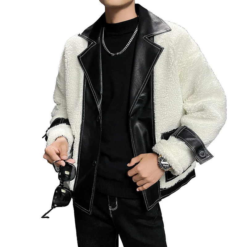 Winter Korean Lambswool Men's Jackets Locomotive Lapel Thicken Warm Parkas Casual Short Streetwear Social Overcoat Male Clothing