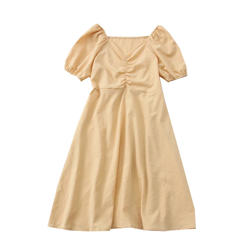 

2021 summer new fashion sweet versatile V-neck pleated bubble sleeve high waist slim dress Platycodon grandiflorum skirt