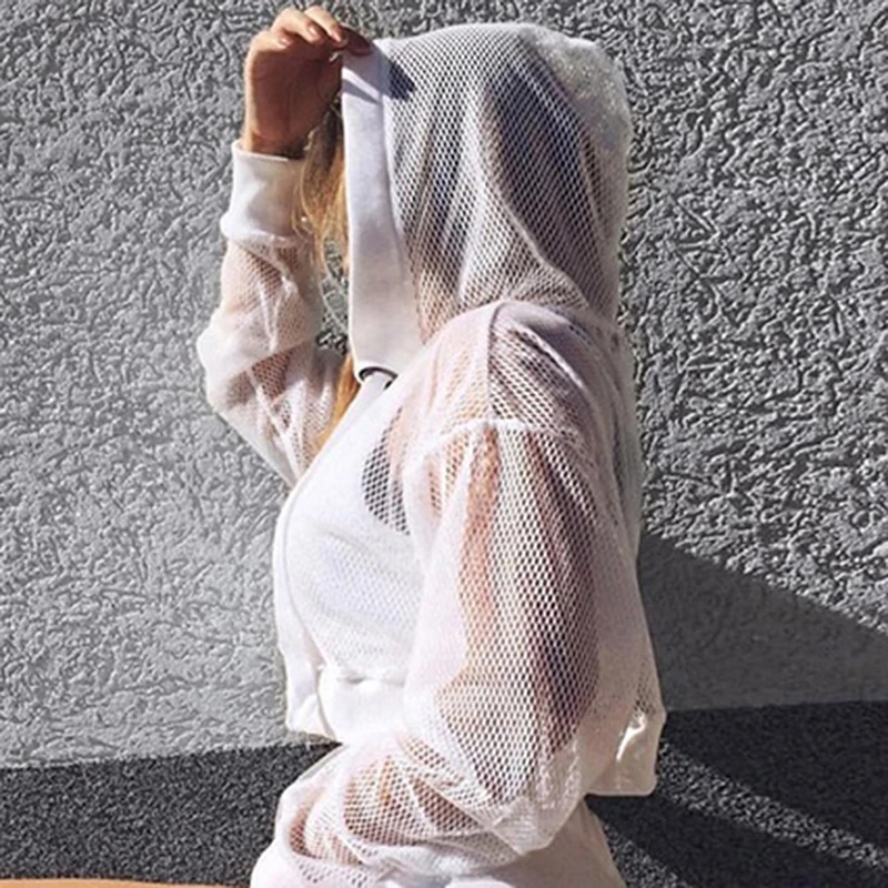 

Women Outdoor Training Clothing Grid Perspective Hooded Top Sports Fitness Hedging Sexy Breathable Ladies Streetwear
