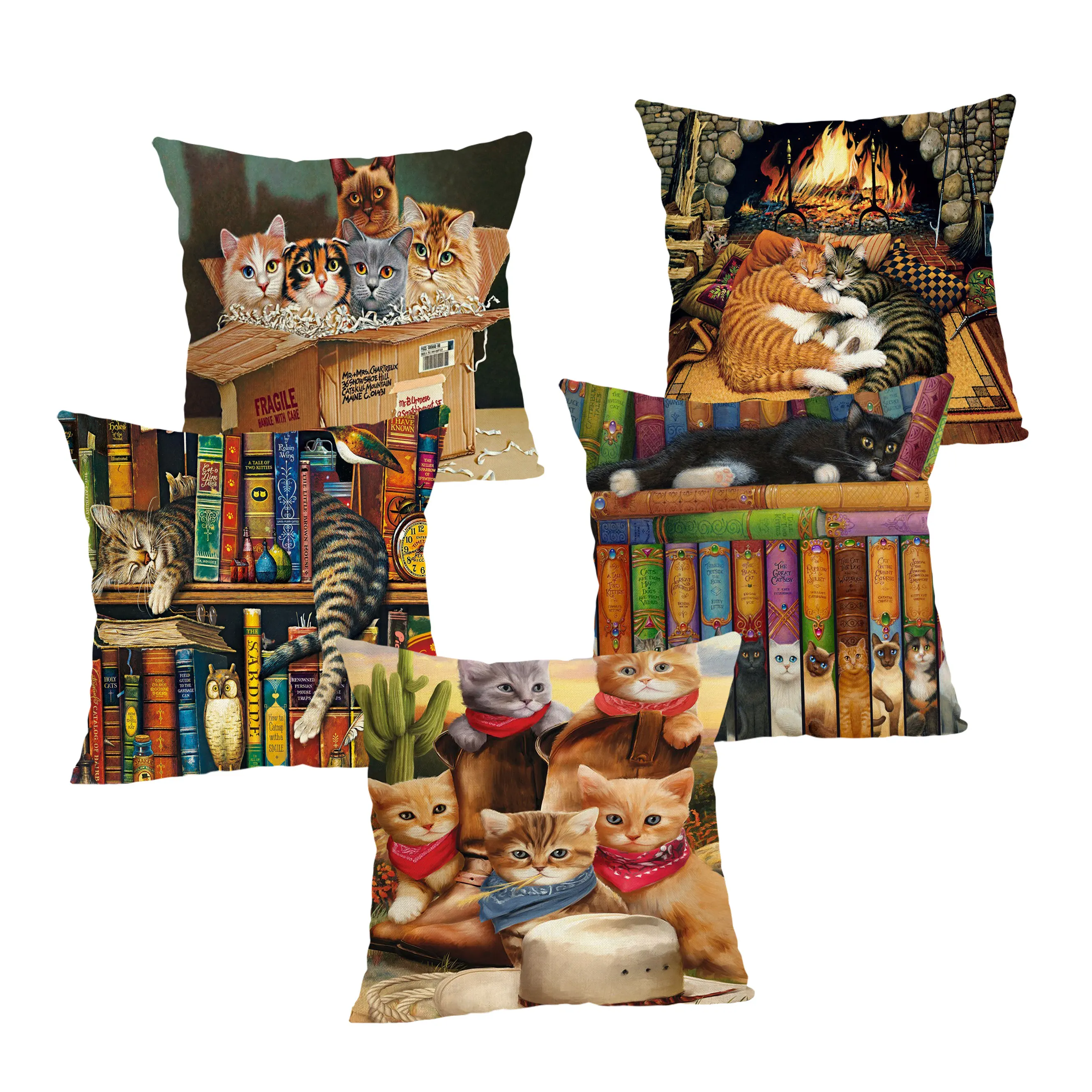 

Cute Book Cat Party Cushion Cover Pillowcases Home Decor Cartoon Animal for Sofa Linen Square Printing Cojines Throw Pillow Cove